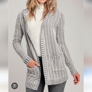 Olive & Oak Gray and White Knit Hooded Cardigan.